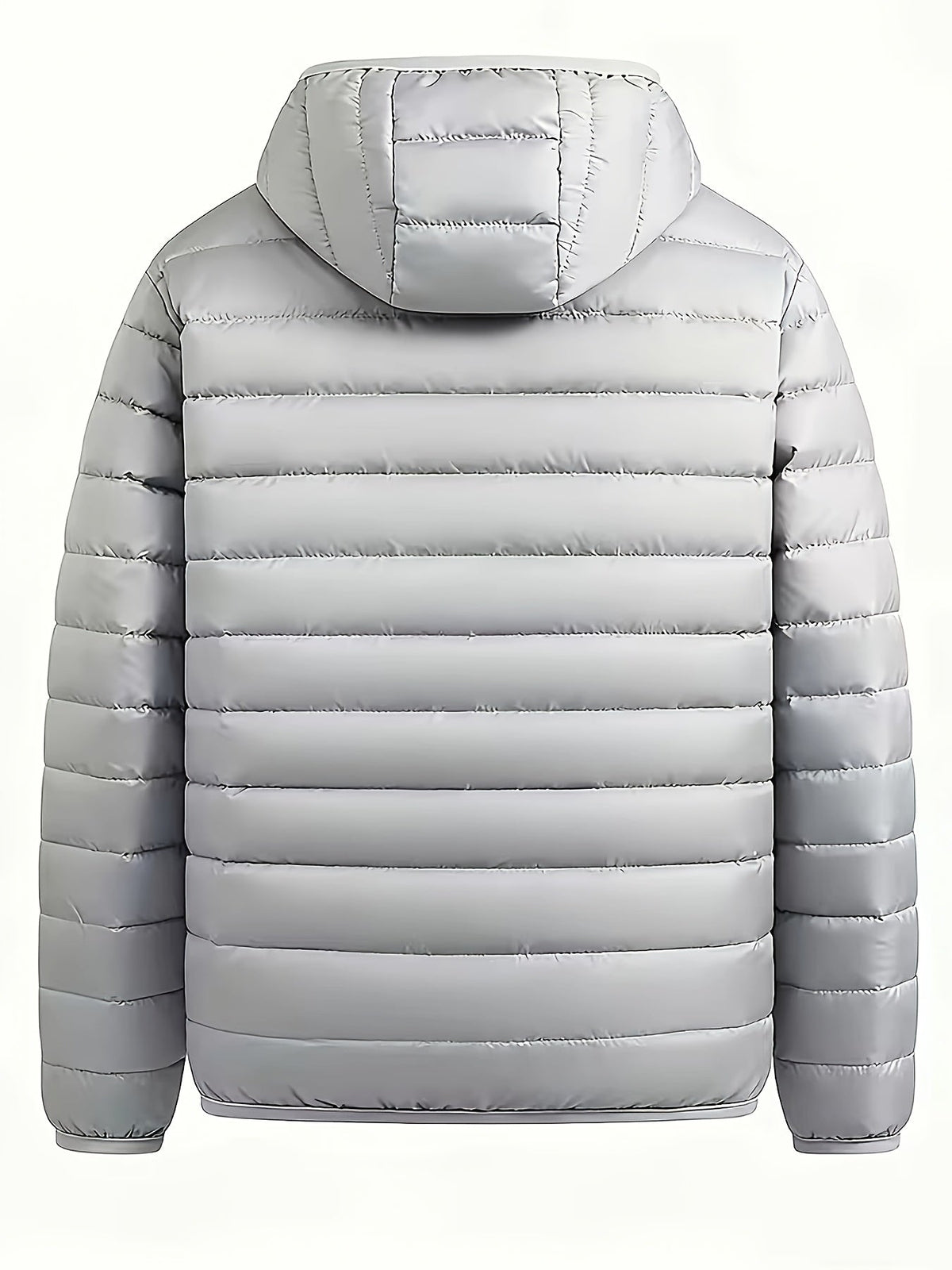 Men's lightweight quilted hooded puffer jacket in dark green, light grey, navy and black, styled view