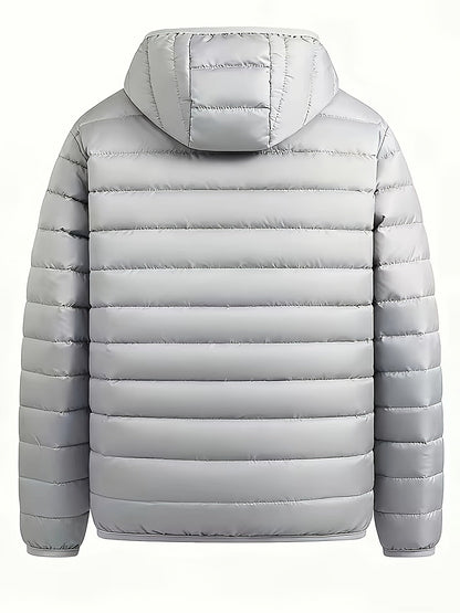 Men's lightweight quilted hooded puffer jacket in dark green, light grey, navy and black, styled view