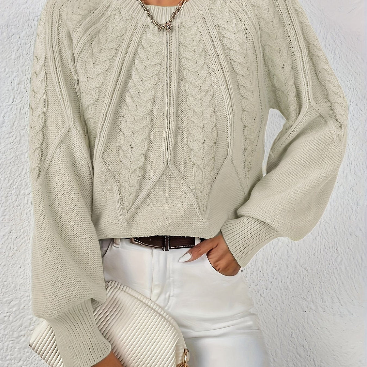 Kessoro women's relaxed cable-knit lantern-sleeve sweater in matcha, beige, burgundy, navy and camel