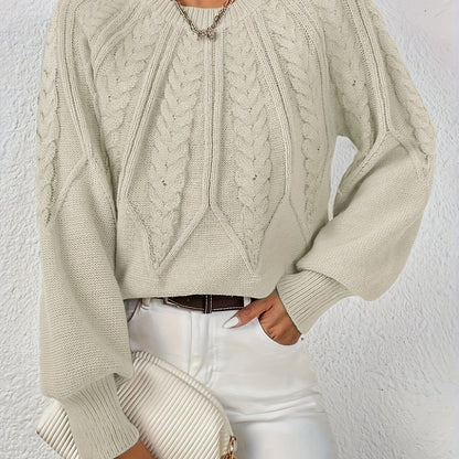 Kessoro women's relaxed cable-knit lantern-sleeve sweater in matcha, beige, burgundy, navy and camel