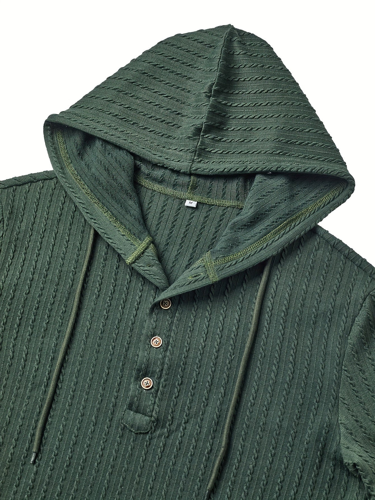 Men's textured hooded button-placket henley shirt in dark green, detail view