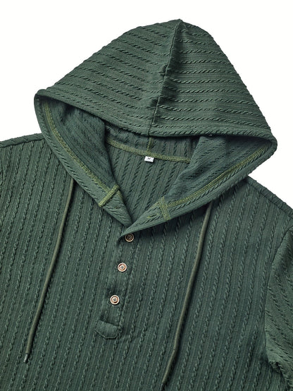 Men's textured hooded button-placket henley shirt in dark green, detail view