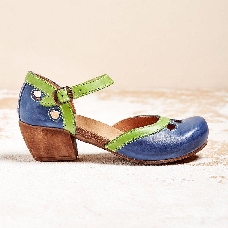 Women's low-heel T-strap comfort sandals in blue, orange, red and green — Kessoro, image 6 of 8