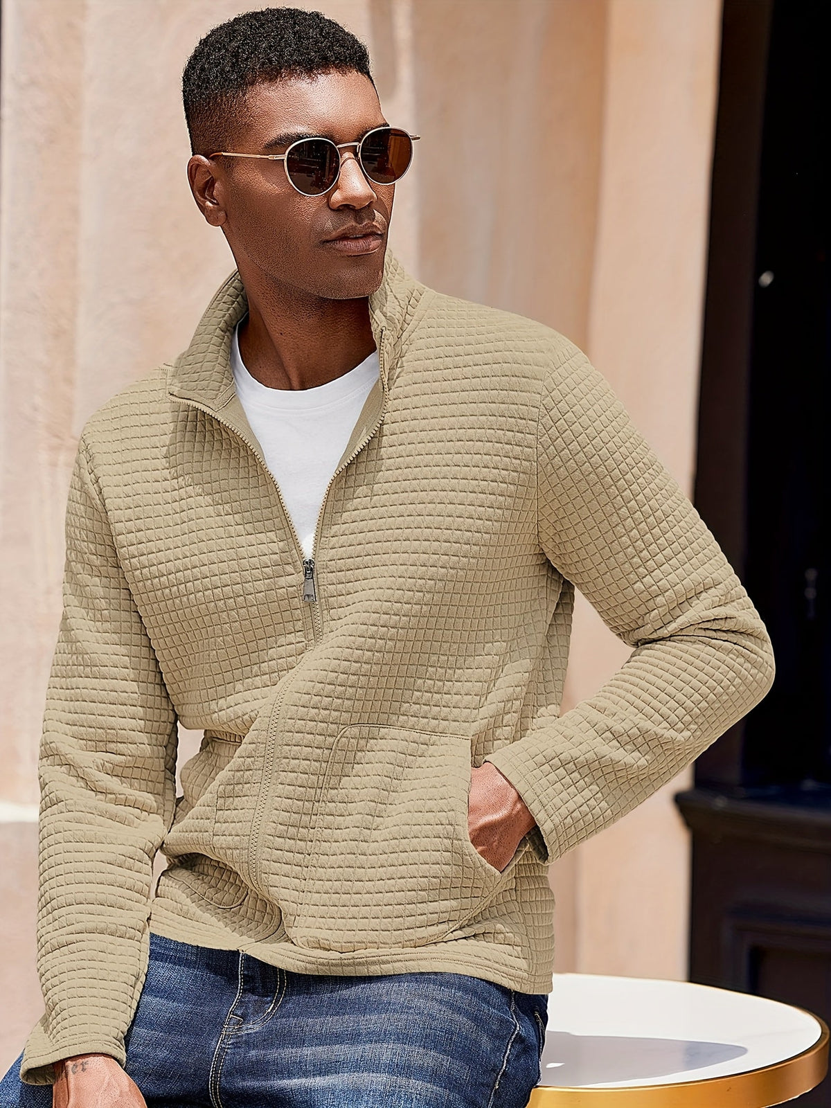Kessoro Men's Textured Stand-Collar Full-Zip Jacket in white, khaki and black, image 8 of 18.
