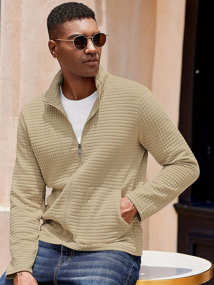 Kessoro Men's Textured Stand-Collar Full-Zip Jacket in white, khaki and black, image 8 of 18.
