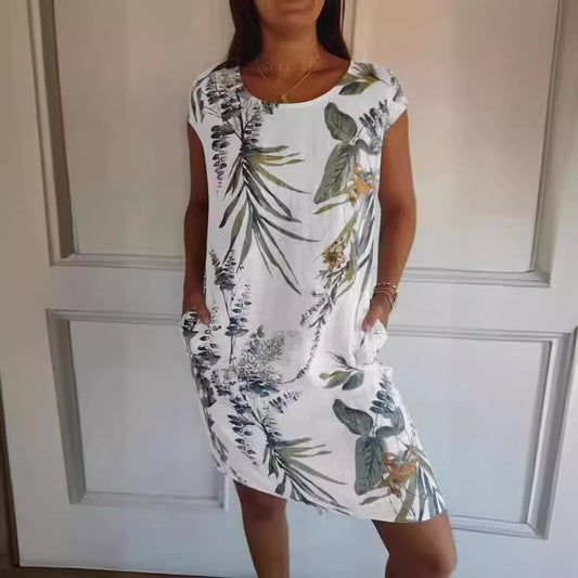 Women's striped crew neck midi dress with short sleeves in white, blue, green and pink