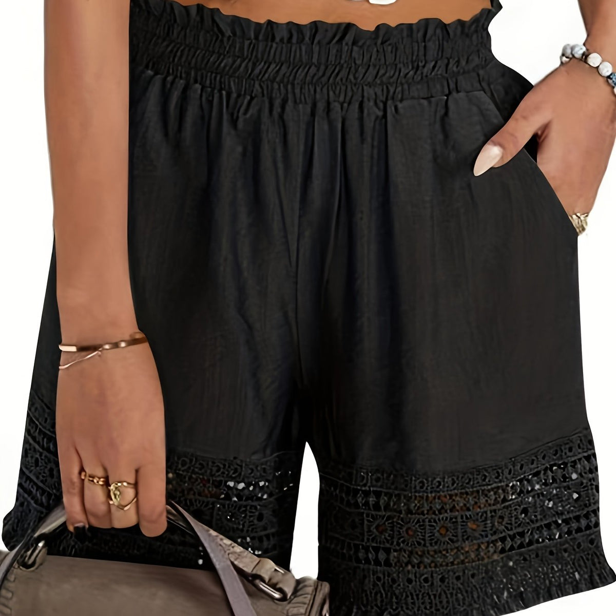Kessoro women's lace-trim paper bag waist shorts in sky blue, khaki, black and white neutral tones