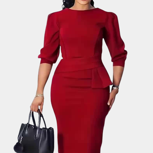 Women's sculpted peplum midi dress in navy, black, red, purple and white — Kessoro, image 1 of 10