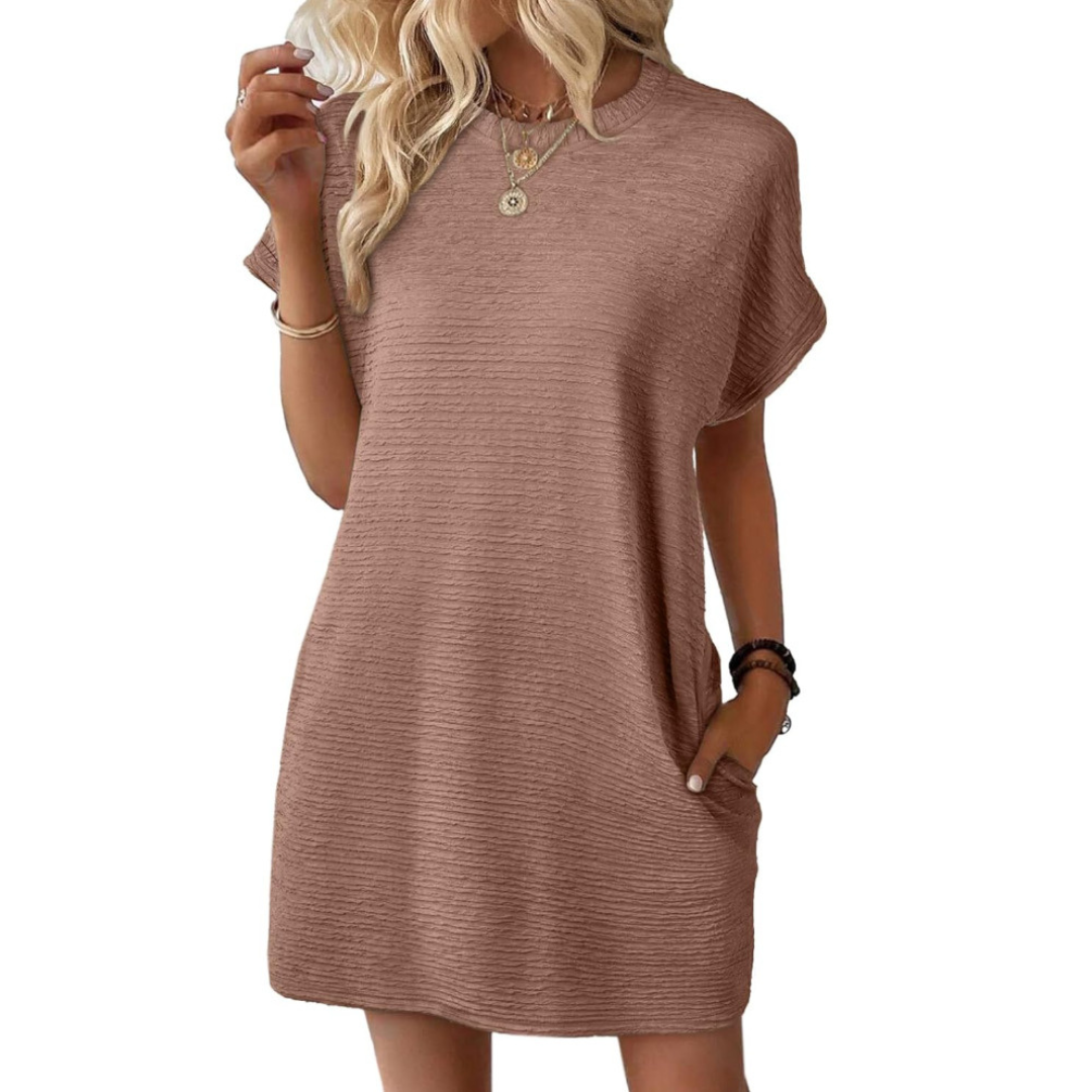 Kessoro women's minimalist round neck summer dress in rose red, light pink, apricot, dark blue and more colorways - women's dresses