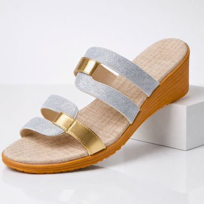 Women's metallic open toe orthopedic sandal in gold, silver, champagne and black