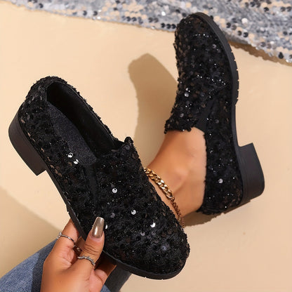 Kessoro women's sparkling block heel slip-on loafers in black