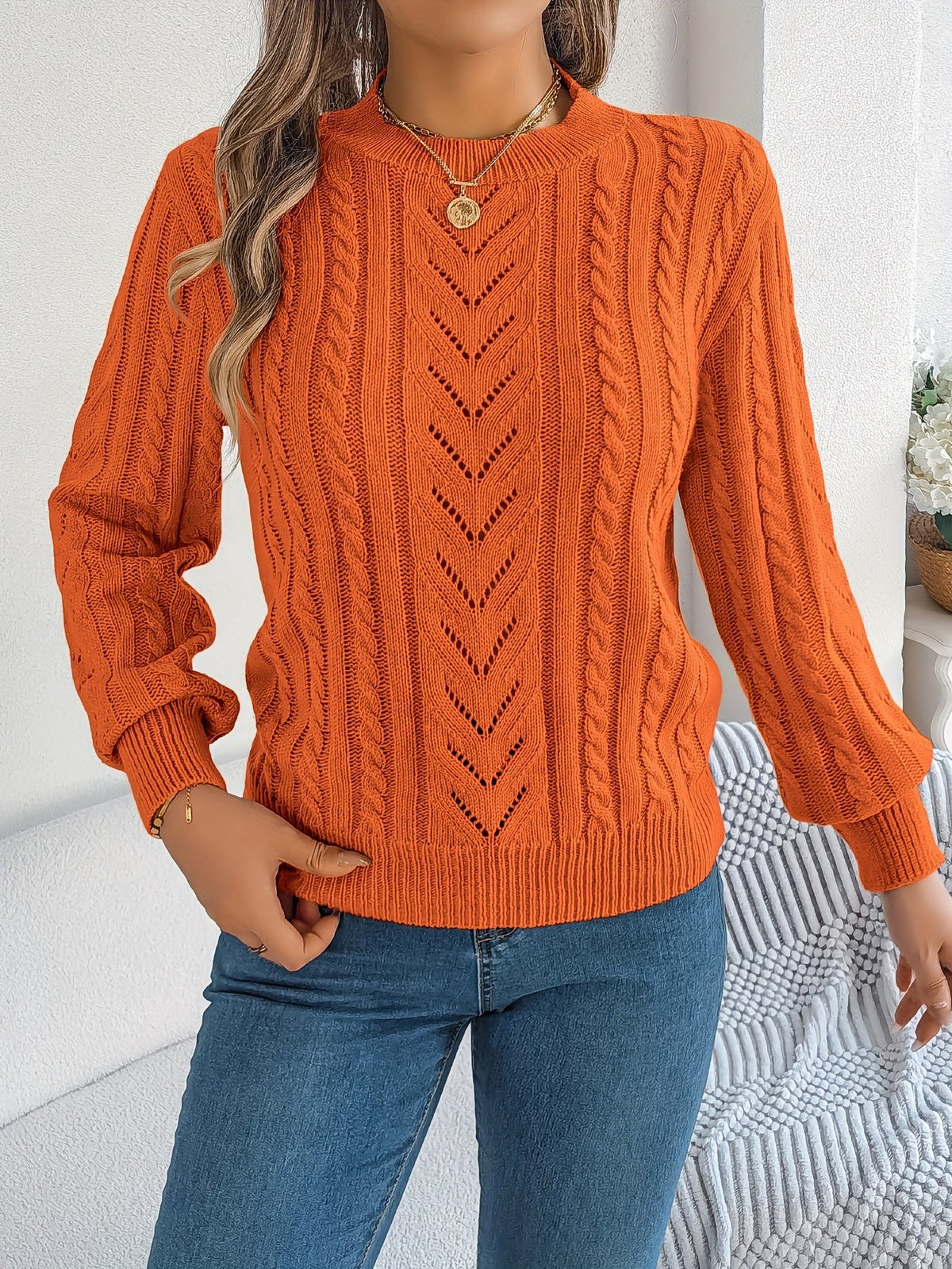 Kessoro Women's Cable-Knit Round Neck Sweater in khaki, grey and orange-red - women's apparel, view 18 of 21