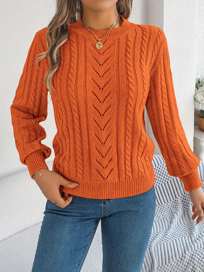 Kessoro Women's Cable-Knit Round Neck Sweater in khaki, grey and orange-red - women's apparel, view 18 of 21