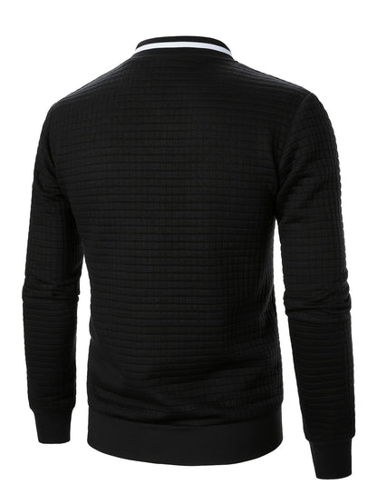 Men's textured stand-collar zip-up bomber jacket in khaki, black, dark gray, military green, navy and burgundy, full-length view