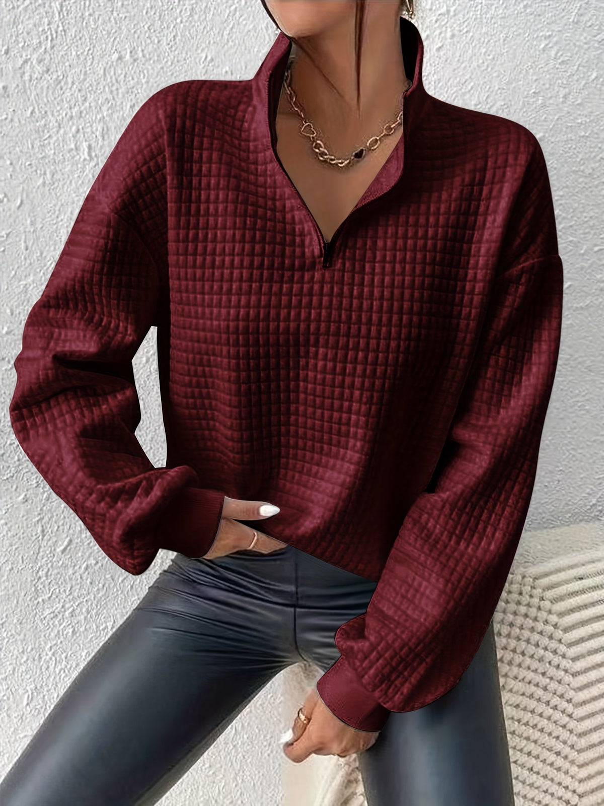 Kessoro women's relaxed quarter-zip stand collar pullover in white, deep red, grey, black, matcha, pink and light green - view 11 of 19