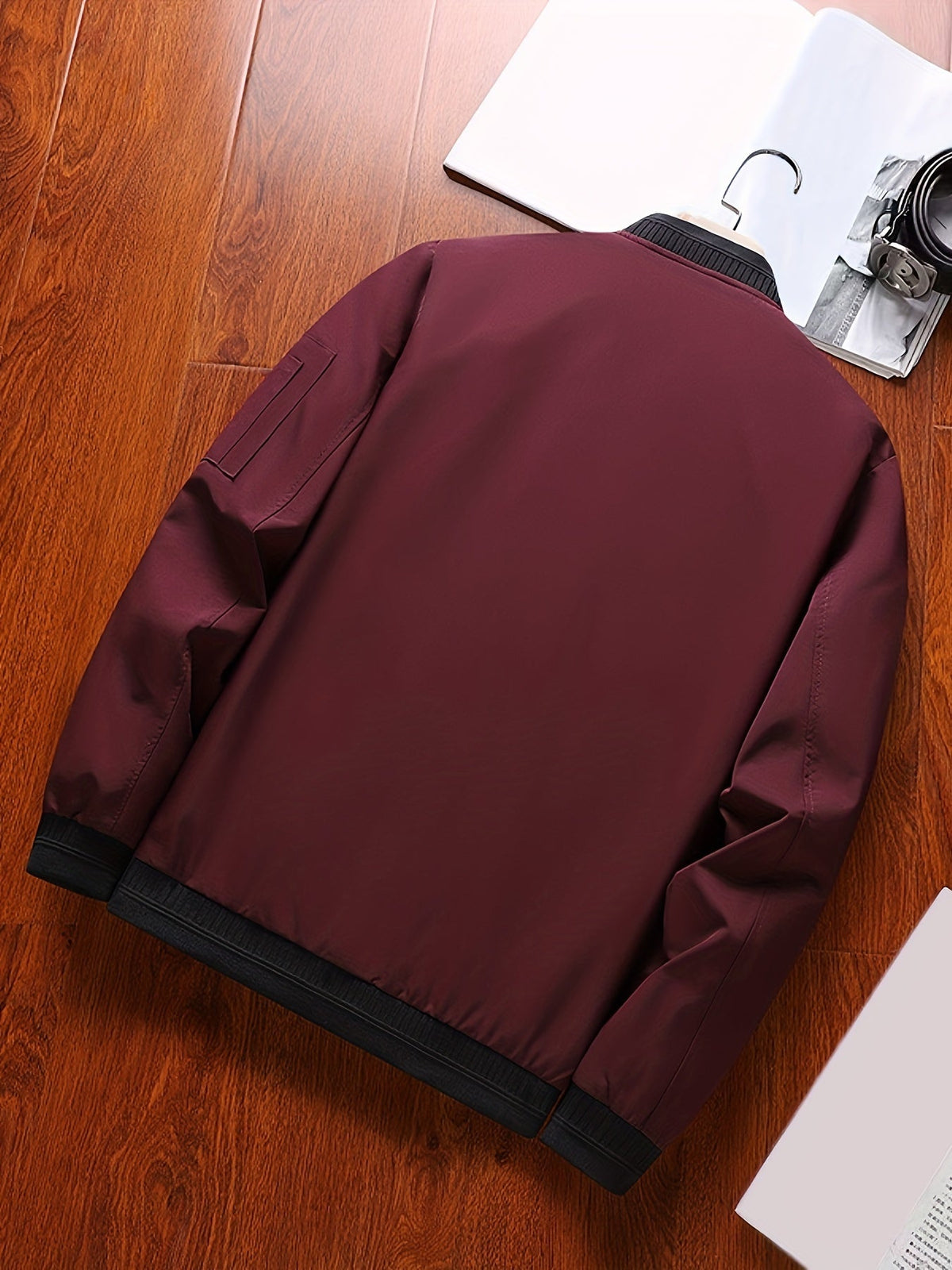Men's classic zip-front everyday bomber jacket in black and burgundy, fabric texture view