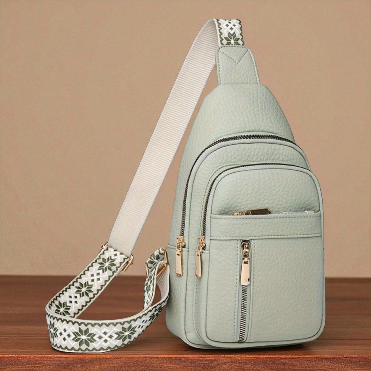 Kessoro women's multi-compartment side sling bag in khaki, light green, black, red and white