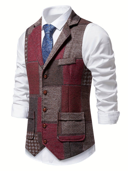 Kessoro Men's Patchwork Notch Lapel Tailored Waistcoat in grey, wine red, blue, navy and orange - men's apparel, view 10 of 31