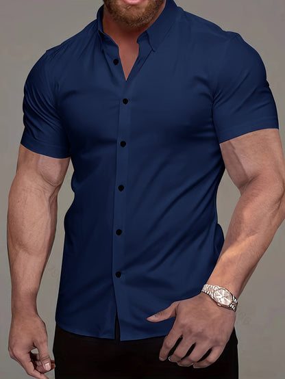Kessoro men's refined short-sleeve button-up shirt shown in eleven colourways including white, black, navy and army green on a male model