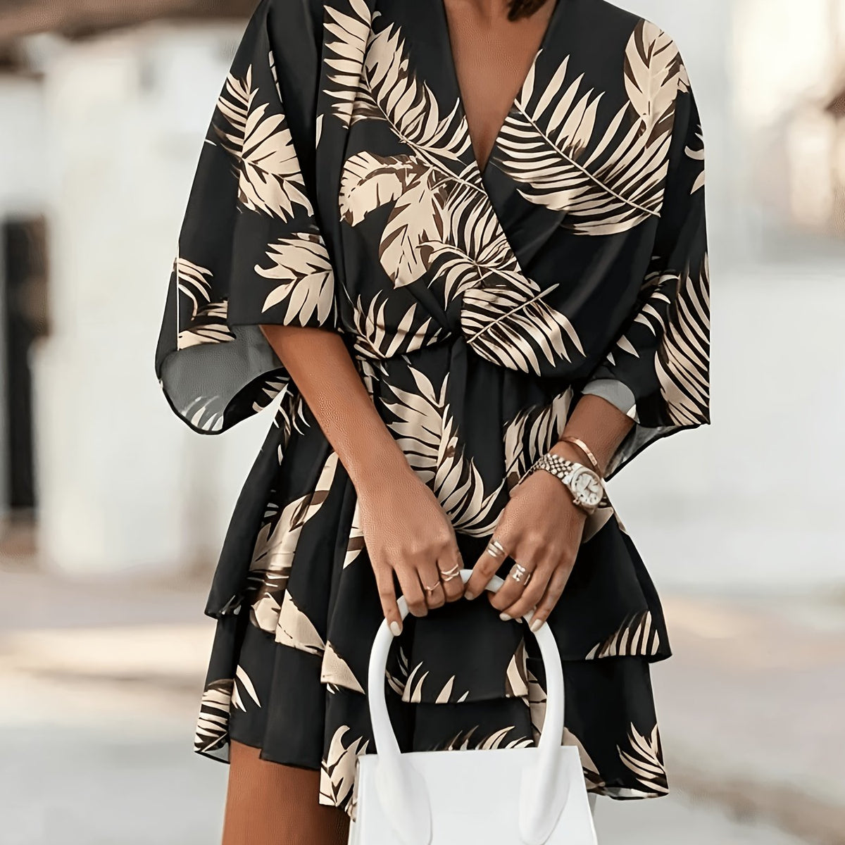 Kessoro women's batwing-sleeve tiered wrap dress shown in orange red and black colourways on a female model