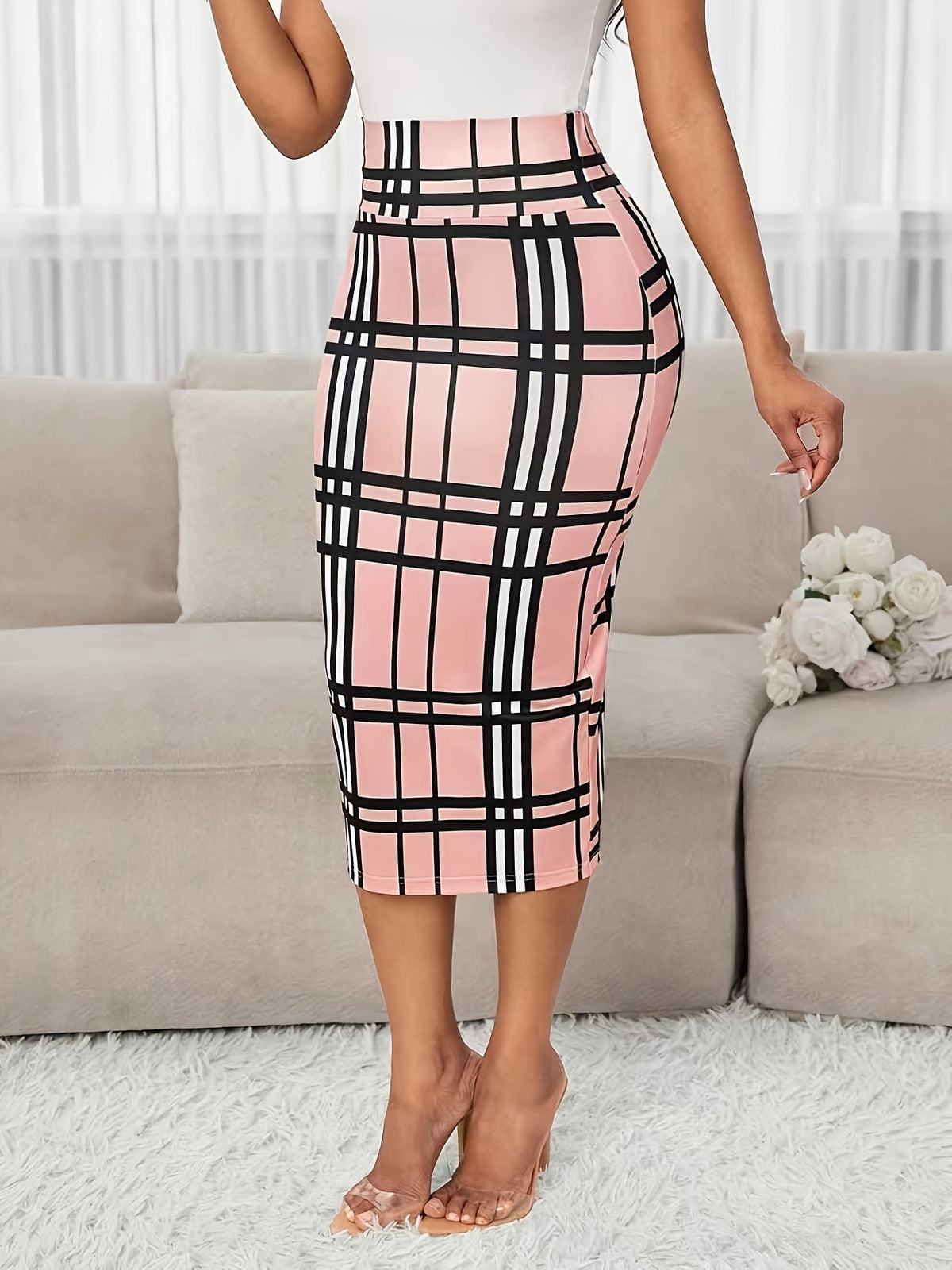 Kessoro women's plaid high-waist pencil skirt in white, burgundy and pink - product view 16