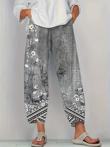 Kessoro women's botanical print elastic-waist cropped trousers in vintage plant and retro colours