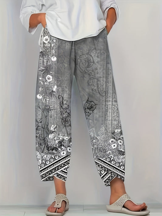Kessoro women's botanical print elastic-waist cropped trousers in vintage plant and retro colours