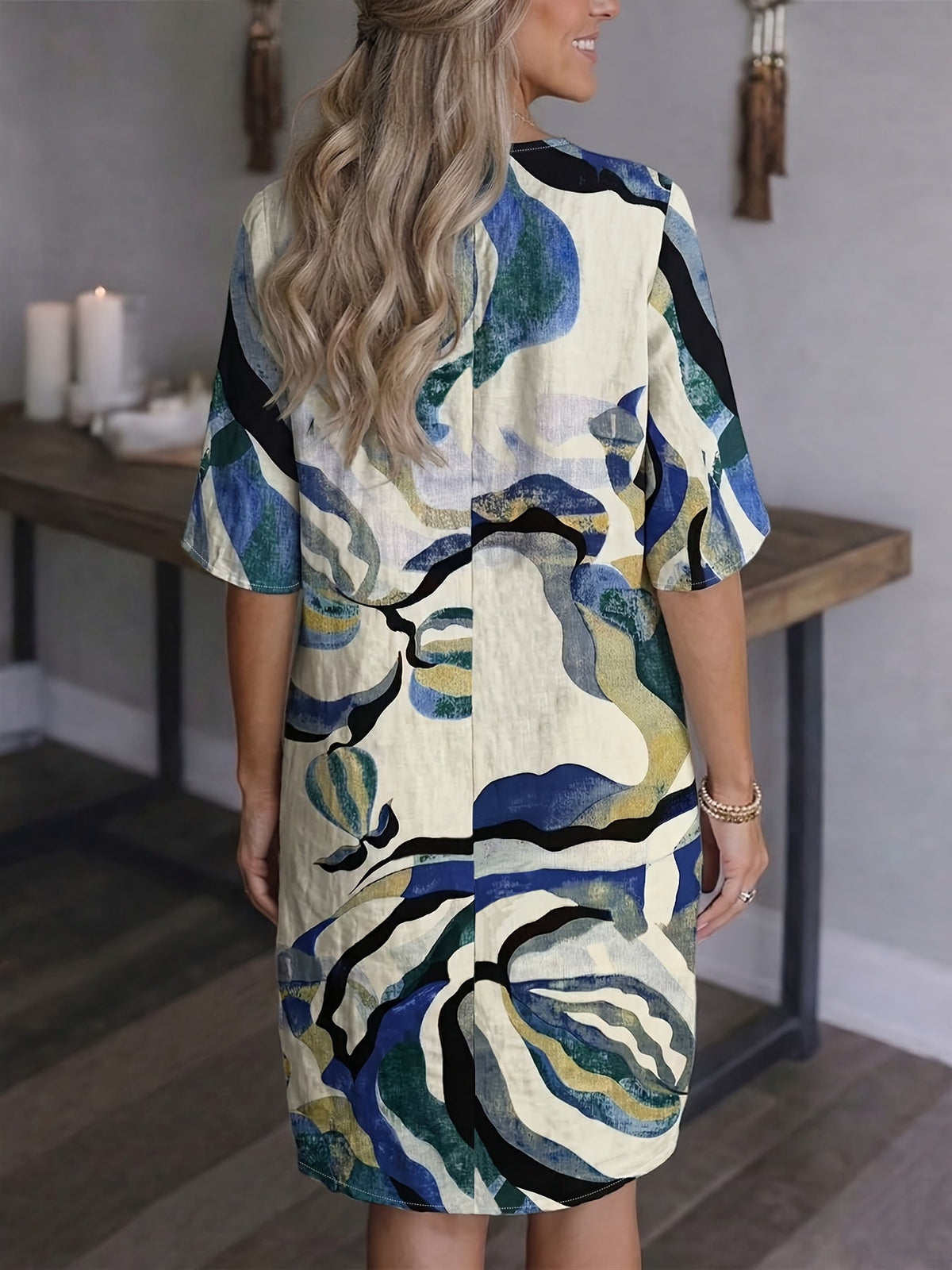 Women's artful print V-neck shift dress in a bright summer colourway