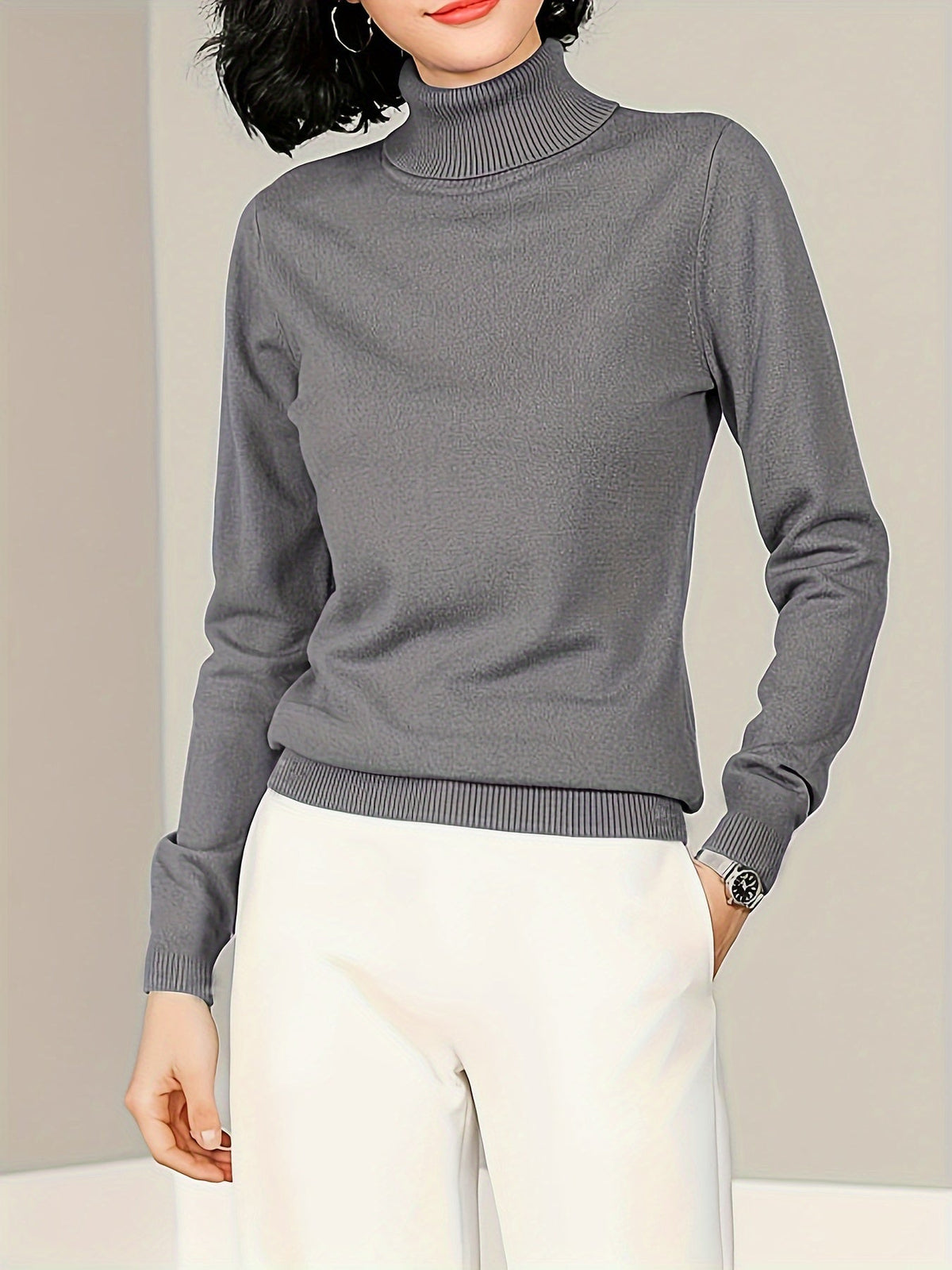 Kessoro women's refined mock-neck knit sweater in grey, view 5 of 6