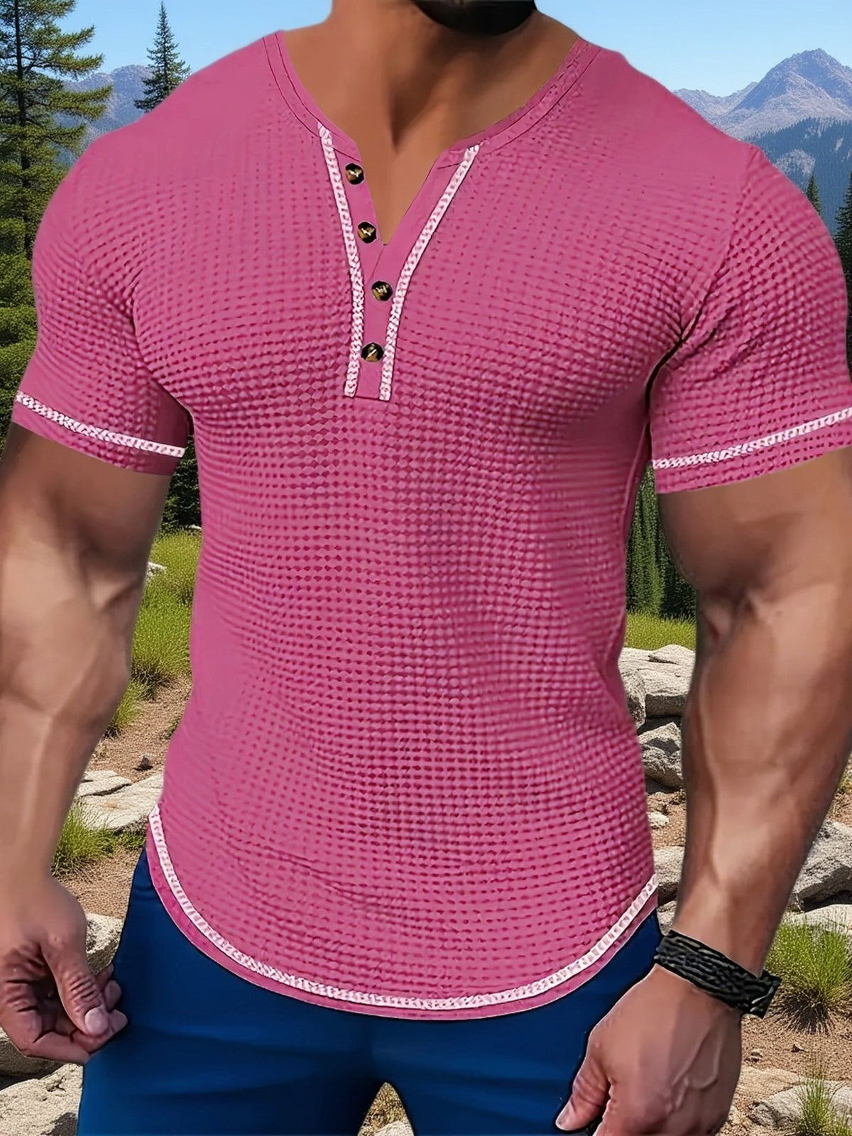 Kessoro men's textured waffle short-sleeve henley shirt in pink, khaki, light blue, navy and black, men's tops — view 2 of 6