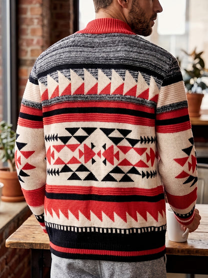 Kessoro men's patterned stand-collar zip-up knit cardigan in red