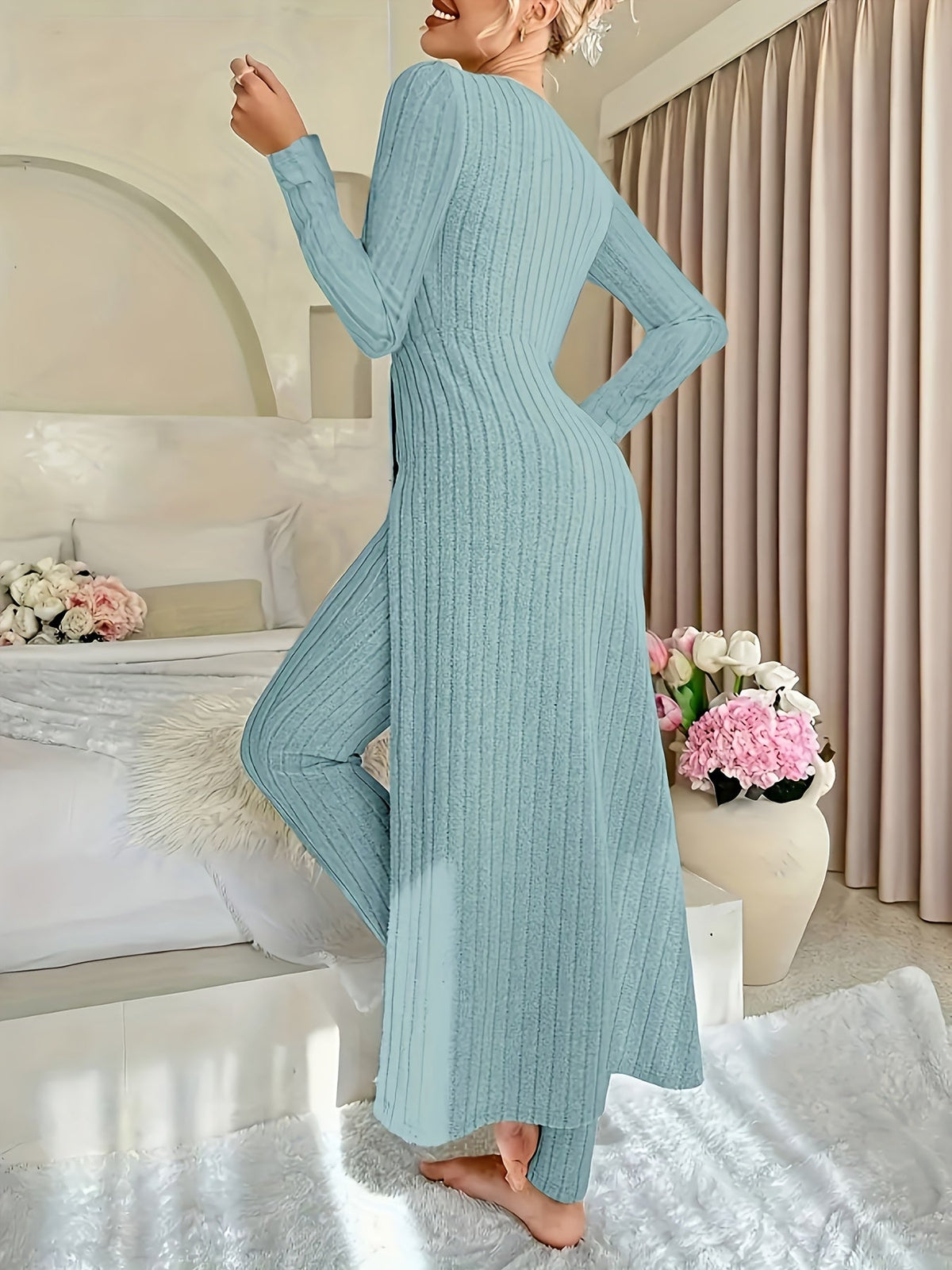 Kessoro women's ribbed tunic and wide-leg trouser lounge set in sage, violet and peacock blue, view 1