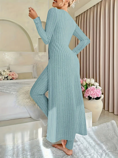 Kessoro women's ribbed tunic and wide-leg trouser lounge set in sage, violet and peacock blue, view 1