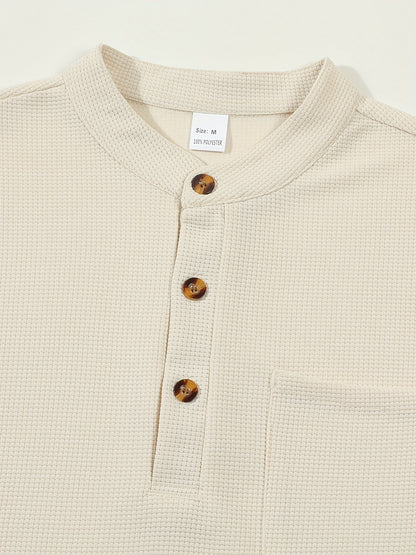 Men's textured long sleeve henley shirt in khaki, white, black, grey and burgundy, detail view