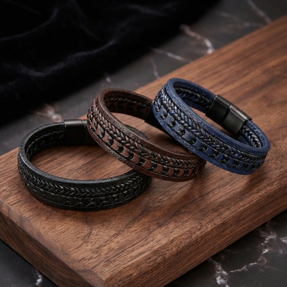 Kessoro men's braided Norse-inspired magnetic clasp bracelet in blue, brown and black