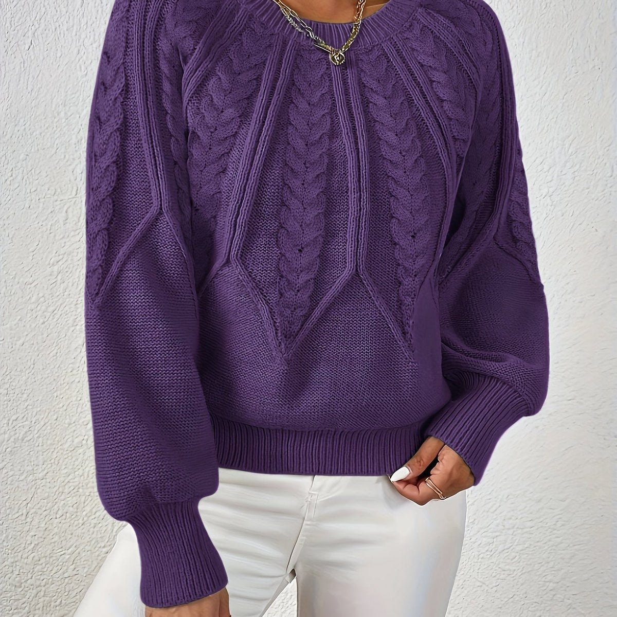 Kessoro women's cable-knit round-neck sweater in neutral and jewel-tone colourways, women's knitwear — view 22 of 23