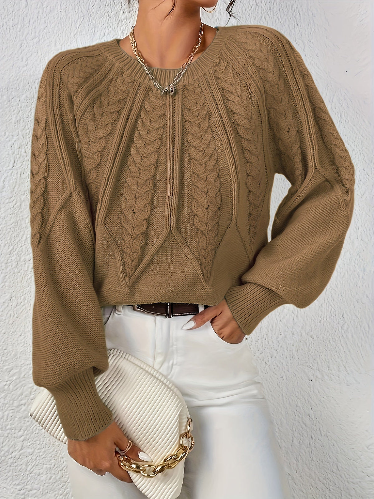 Kessoro women's cable-knit round-neck sweater in neutral and jewel-tone colourways, women's knitwear — view 10 of 23