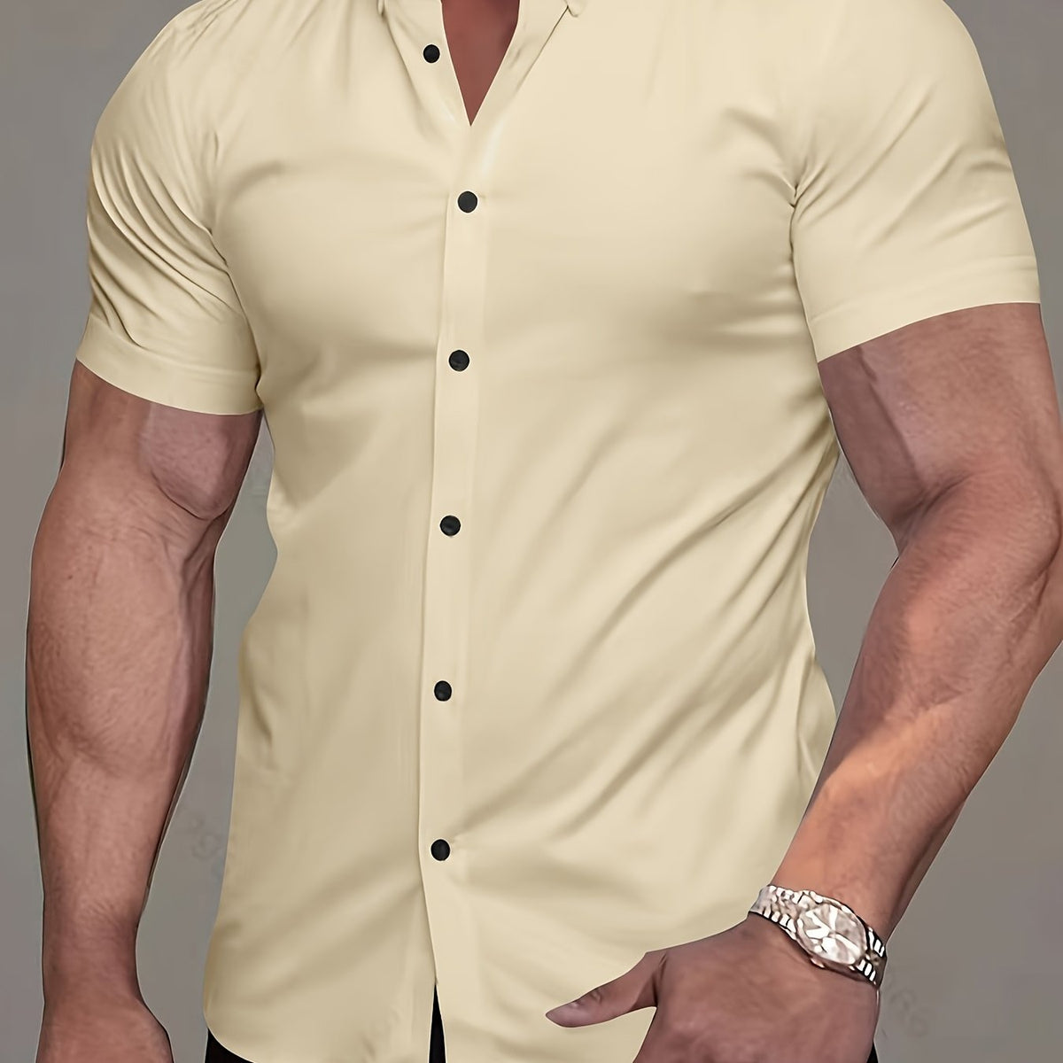 Kessoro men's refined short-sleeve button-up shirt shown in eleven colourways including white, black, navy and army green on a male model