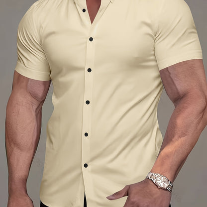 Kessoro men's refined short-sleeve button-up shirt shown in eleven colourways including white, black, navy and army green on a male model