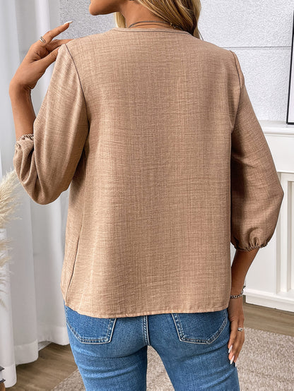 Kessoro women's khaki zip-front V-neck three-quarter sleeve blouse - view 1 of 10