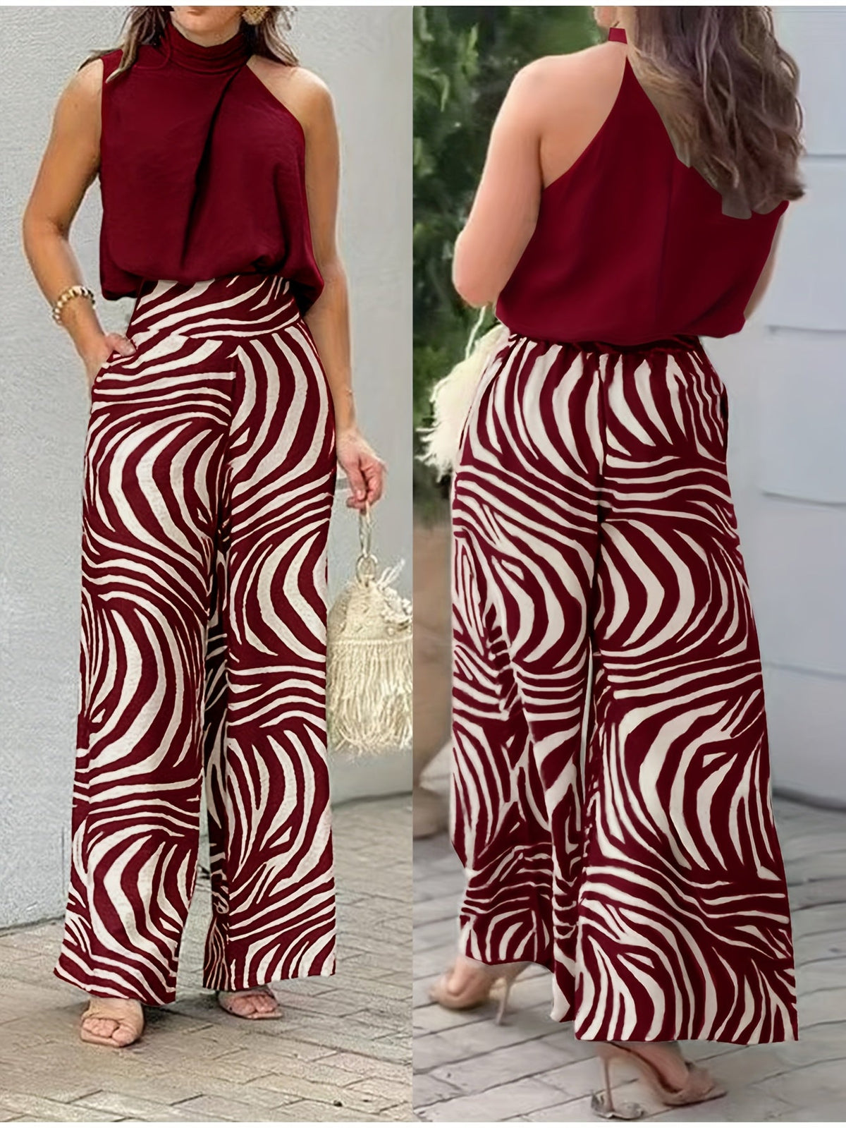Women's sleeveless stand-collar top and wide-leg trouser two-piece set in olive green and burgundy, view 2