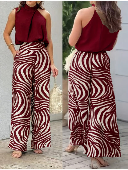 Women's sleeveless stand-collar top and wide-leg trouser two-piece set in olive green and burgundy, view 2