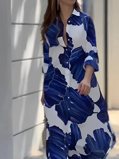 Women's flowing print collared maxi dress in blue