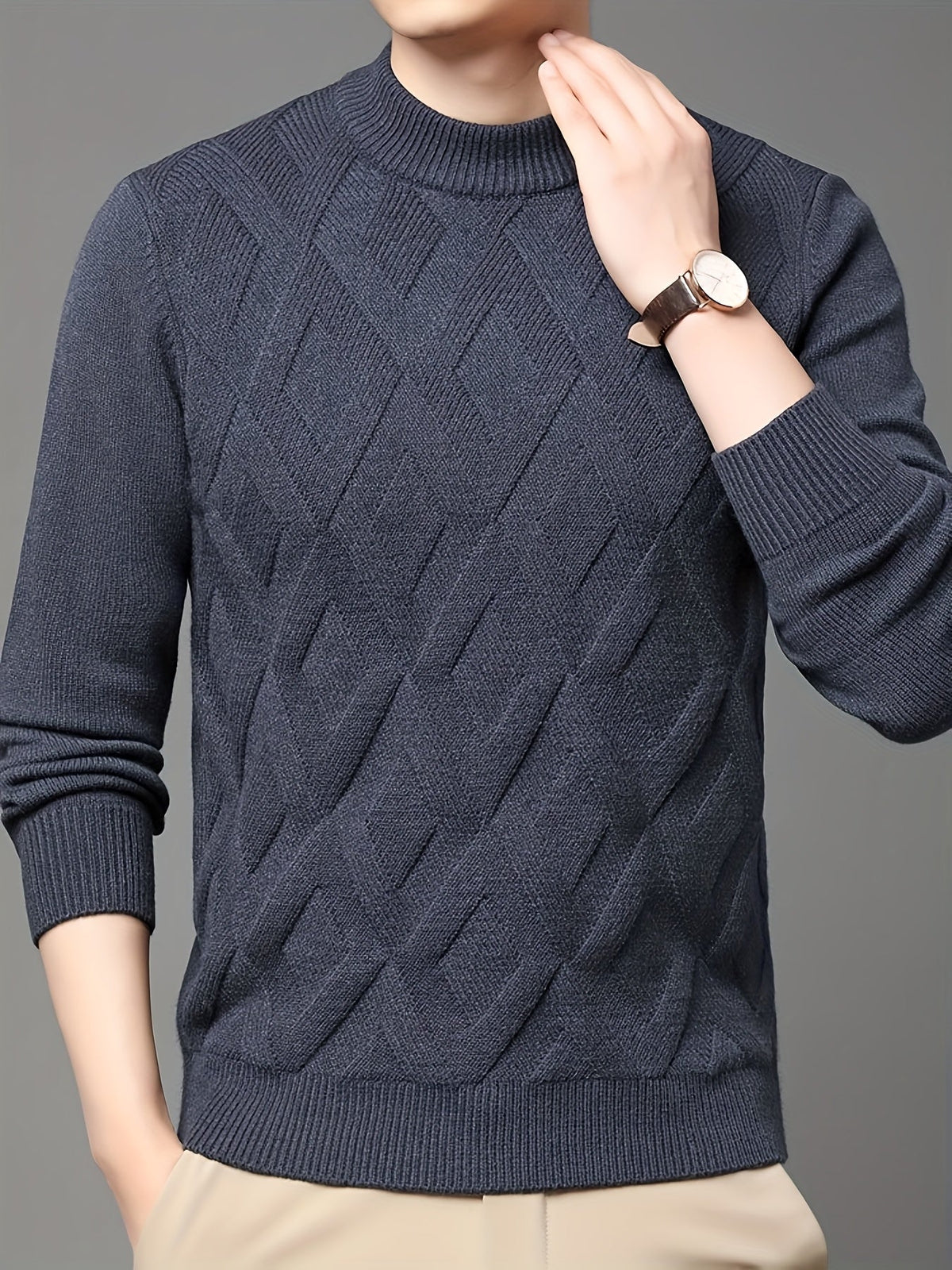 Kessoro men's textured mock-neck knit sweater in deep blue-grey winter tones