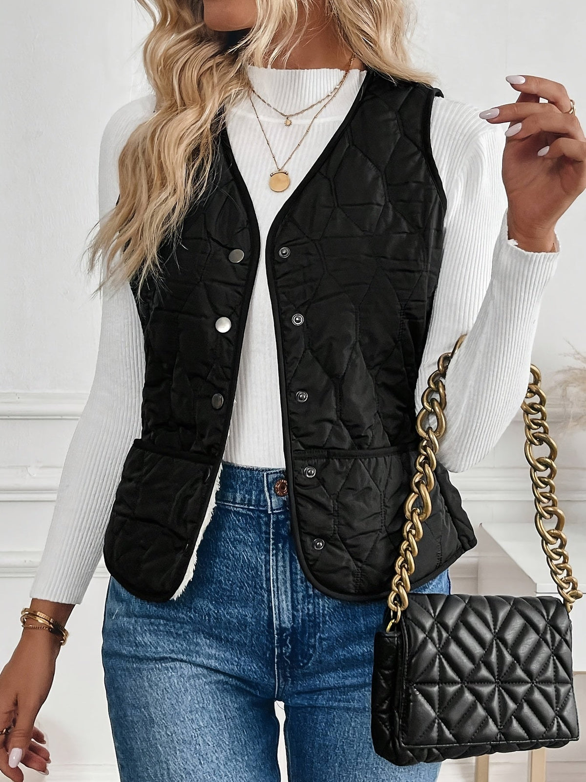 Kessoro Women's Reversible Quilted Plush Vest in black - women's apparel, view 7 of 8
