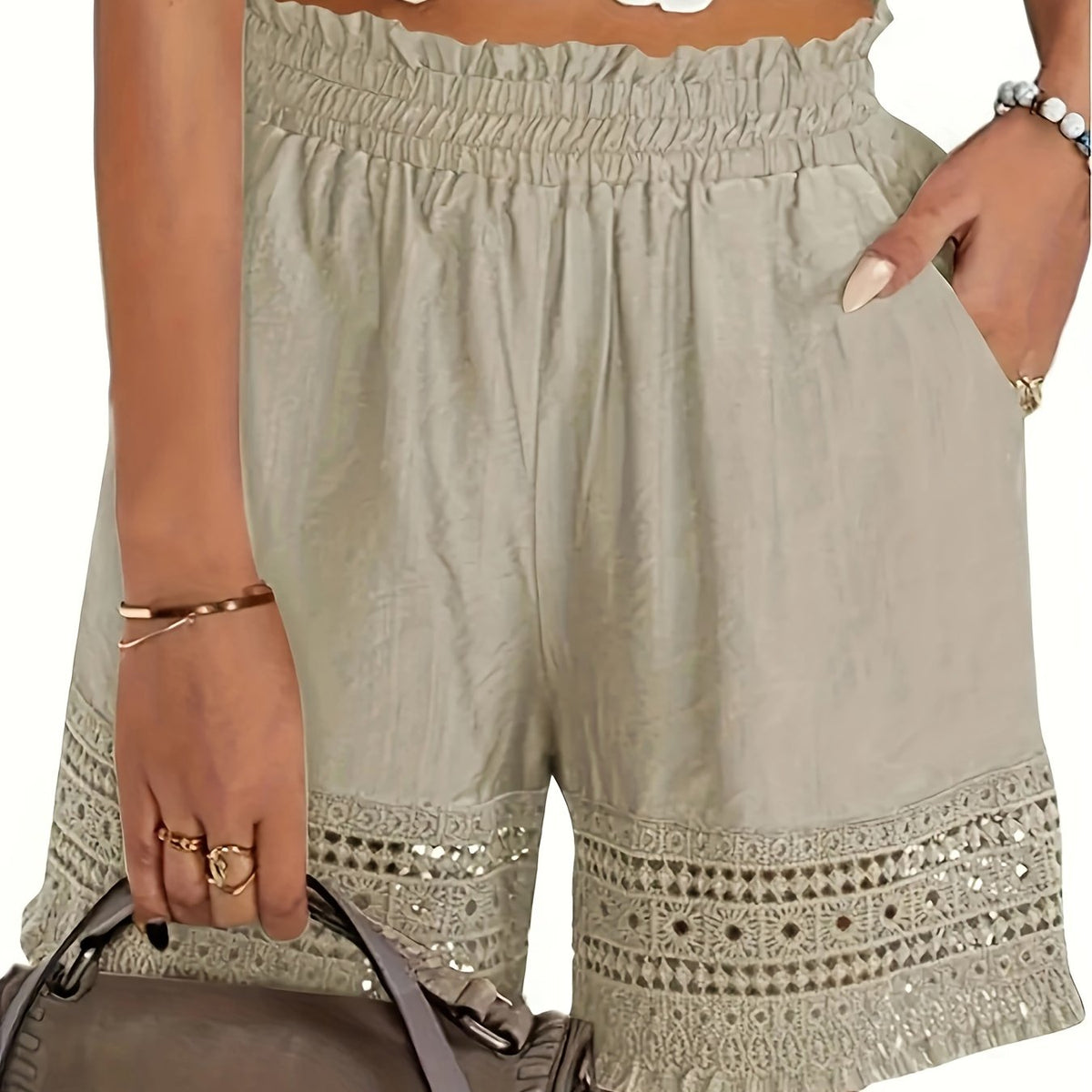 Kessoro women's lace-trim paper bag waist shorts in sky blue, khaki, black and white neutral tones