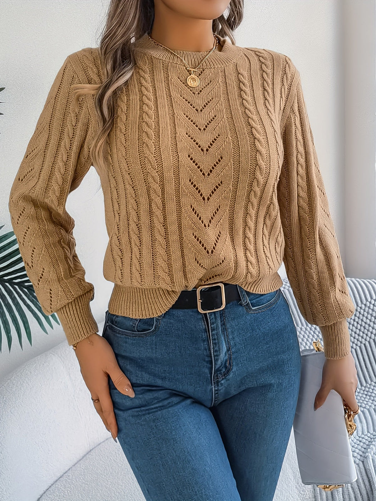 Kessoro Women's Cable-Knit Round Neck Sweater in khaki, grey and orange-red - women's apparel, view 5 of 21