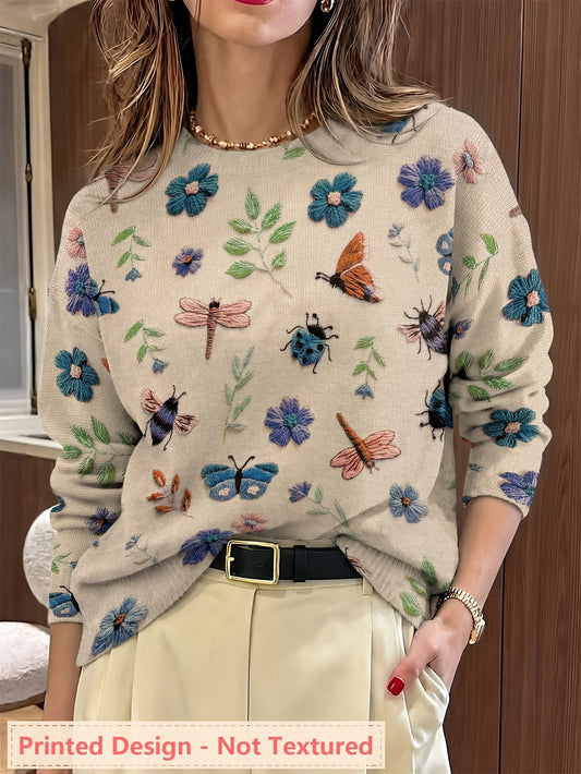 Kessoro women's botanical print crewneck knit sweater in purple, blue and apricot – view 1