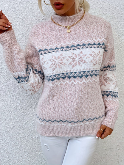 Kessoro women's snowflake mock-neck knit sweater in grey, pink or blue, view 12 of 23