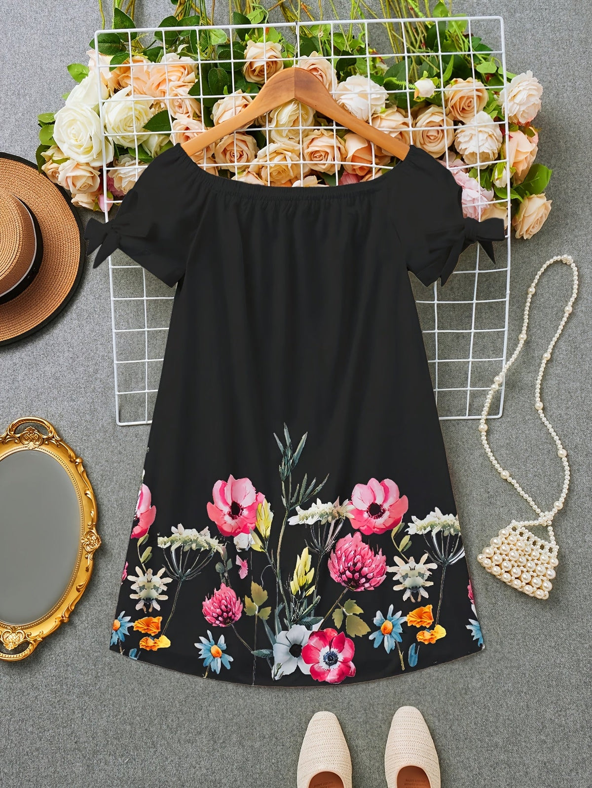 Kessoro women's floral off-shoulder bow-sleeve dress shown in white, black and pink colourways on a female model